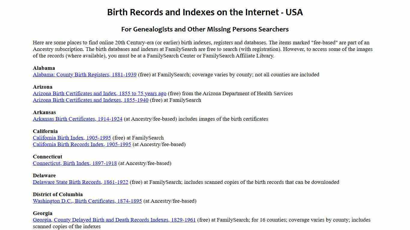 Birth Records and Indexes on the Internet - USA